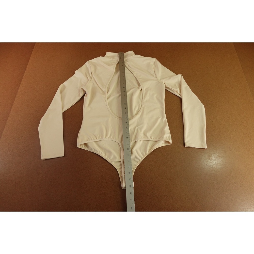 Bebe Womens Large Cream Stretch Open Back Mock Neck Long Sleeve Bodysuit Top NWT - Picture 10 of 12